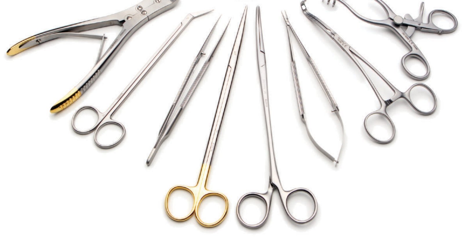 A fan of Zuol stainless steel surgical instruments: bone rongeur, scissors, needle holders, forceps and a self-retaining retractor